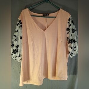 Shein Peach Blouse with Black Floral Lace Sleeves